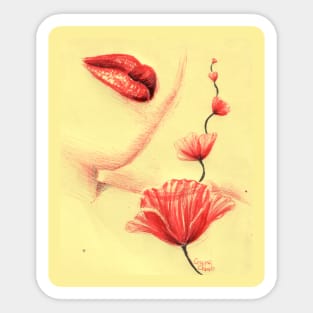 Red lips red poppies Sticker